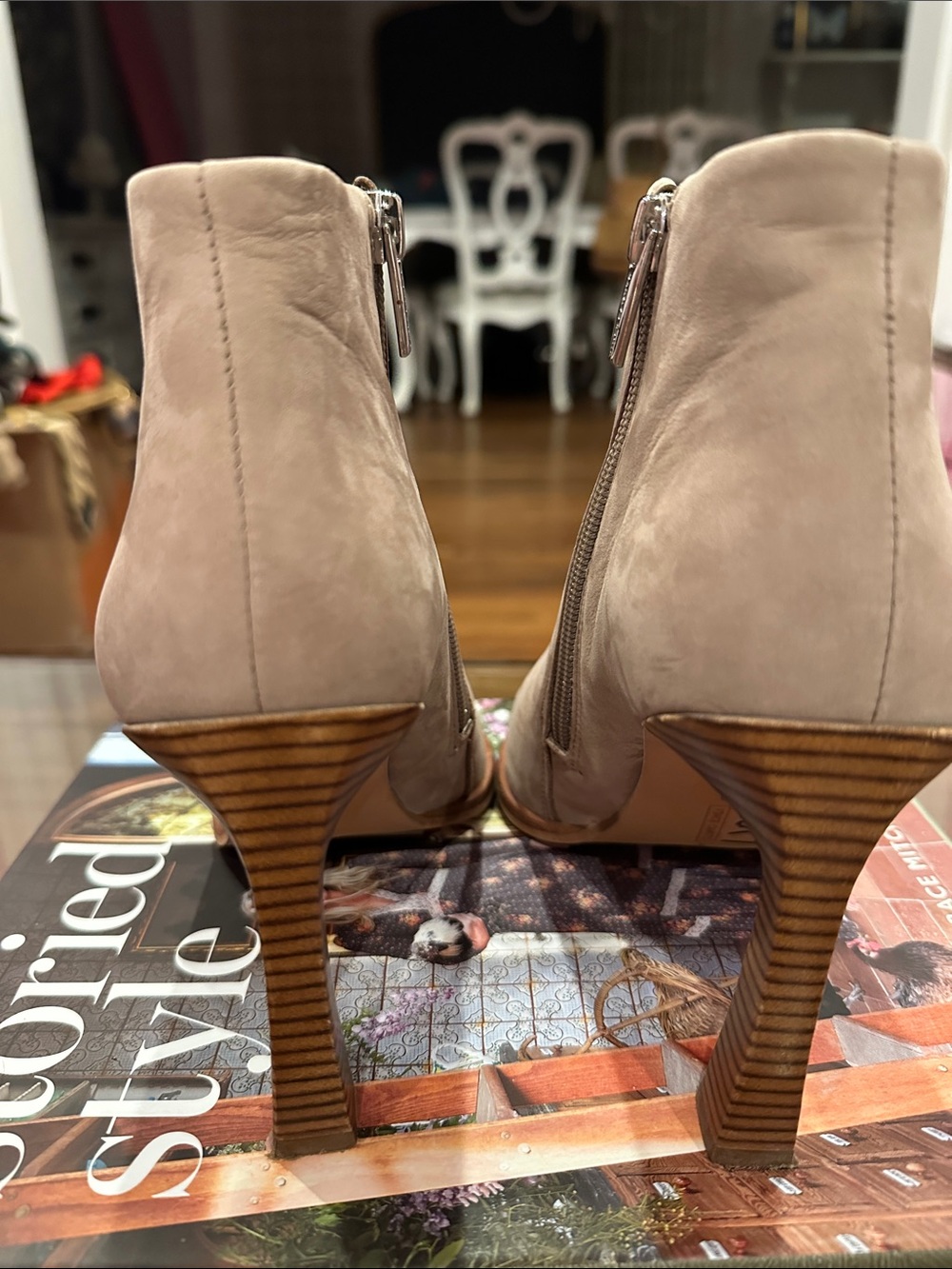 Vince Camuto Taupe Suede Ankle Boots with Stacked Wood Heel